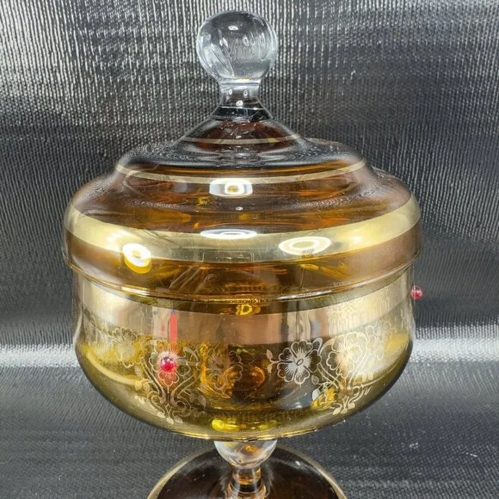 1980s Venetian Art Glass Tall Footed Dish Container Candy Dish Jar Amber Jeweled
